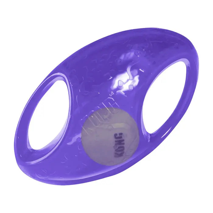 Close-up of purple KONG Jumbler Football Dog Toy showing the internal tennis ball, transparent outer shell and two integrated carrying handles.