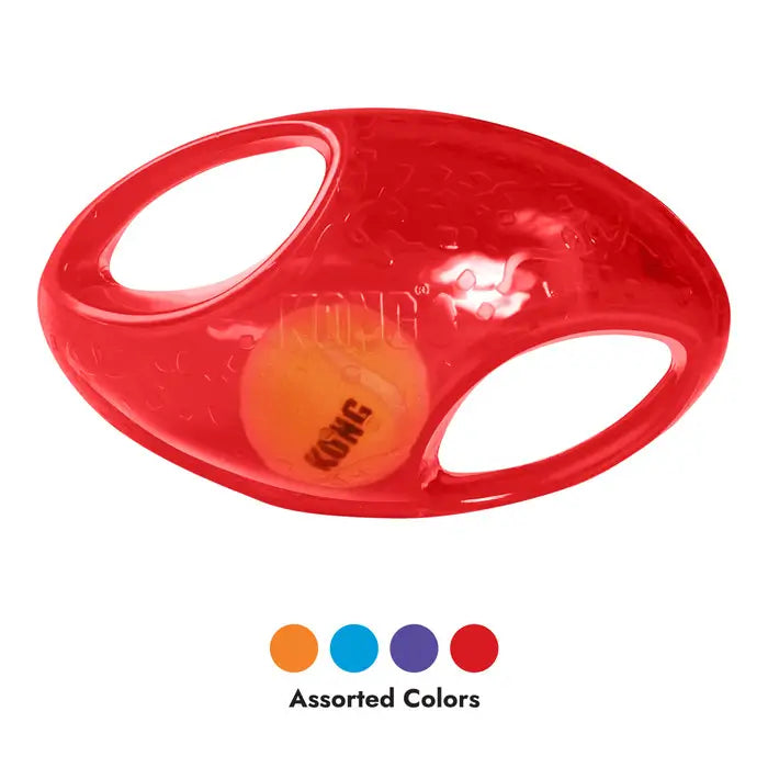 Red KONG Jumbler Football Dog Toy with two easy-grip handles and an internal tennis ball, available in assorted colours for interactive dog play.