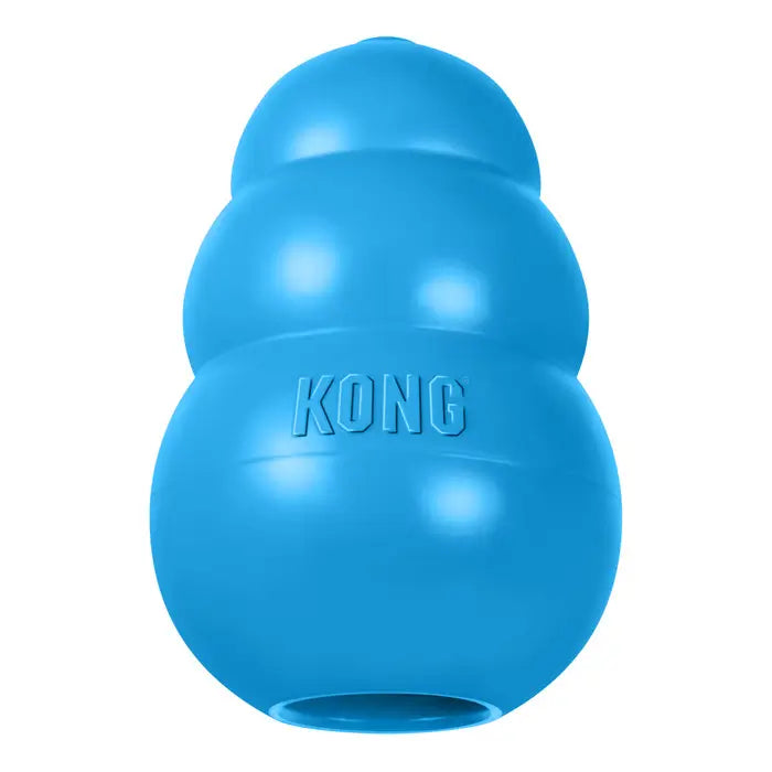 Blue KONG Puppy Natural Rubber Dog Toy for teething and enrichment with hollow treat-stuffable design on white background