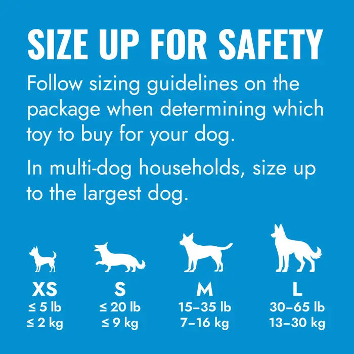 KONG Puppy toy size chart showing XS up to 2kg, Small up to 9kg, Medium 7–16kg and Large 13–30kg