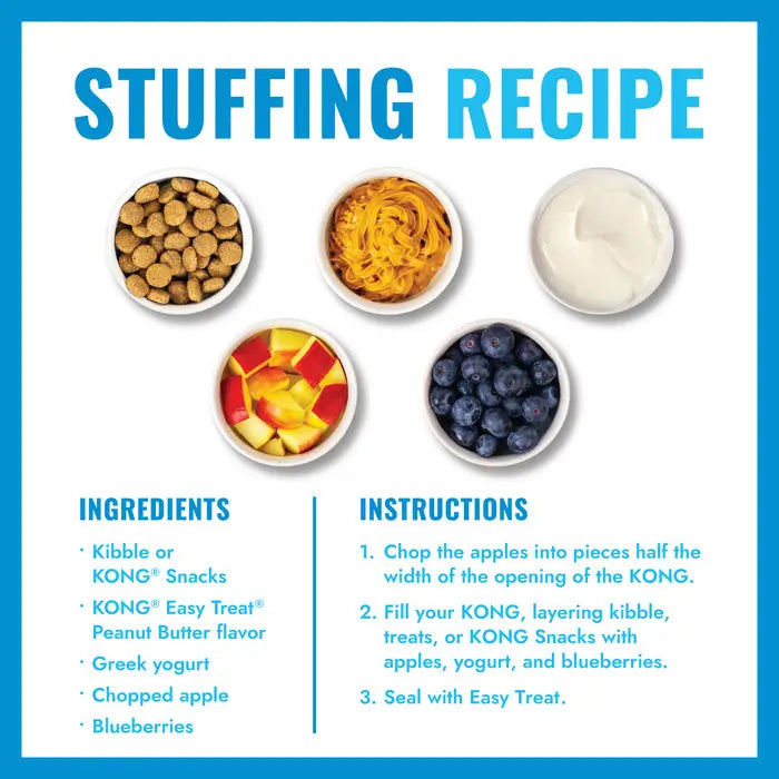 KONG Puppy enrichment toy stuffing recipe using kibble, peanut butter flavoured treat, Greek yoghurt, chopped apple and blueberries
