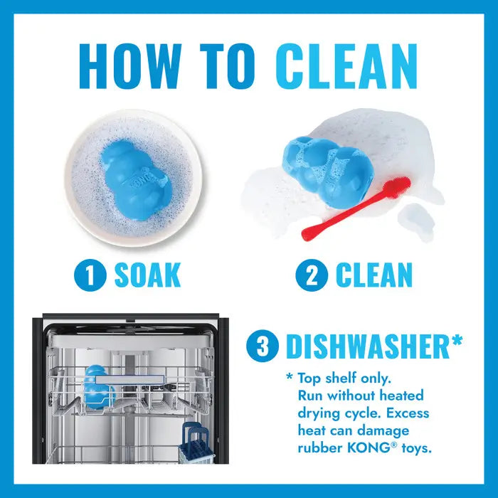 KONG Puppy rubber dog toy cleaning instructions showing soaking, brushing and top-rack dishwasher cleaning