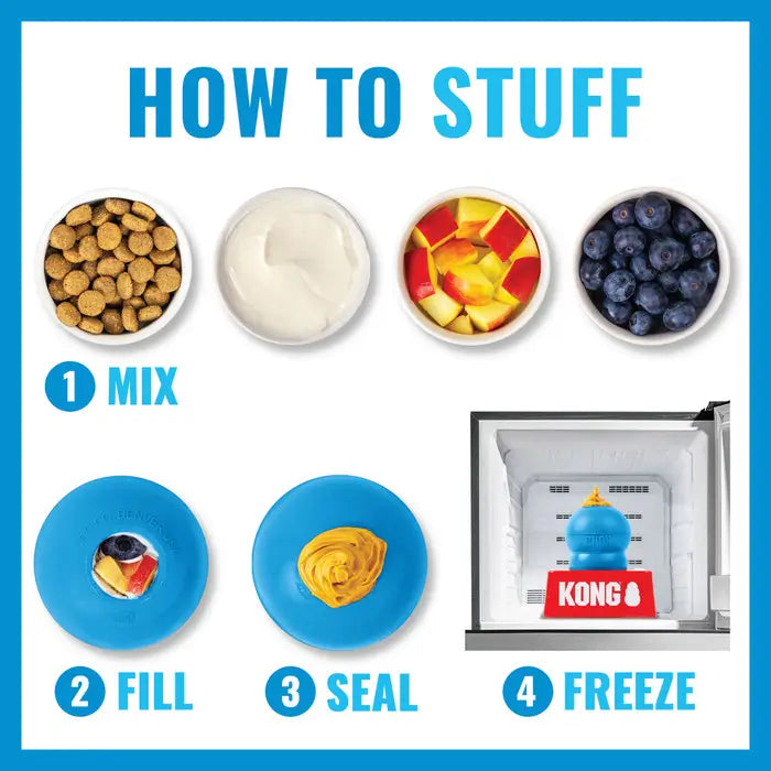 Step-by-step KONG Puppy toy stuffing guide showing how to mix, fill, seal and freeze treats for puppy enrichment