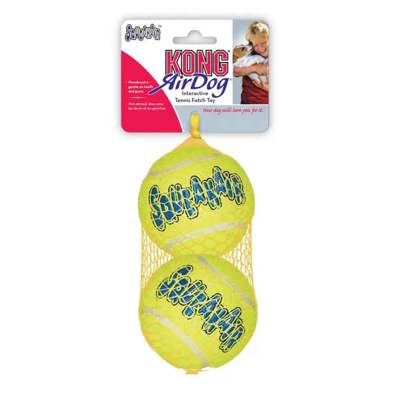 KONG SqueakAir Tennis Ball Dog Toy large 2-Pack featuring two yellow squeaky tennis balls in mesh packaging for interactive fetch play.