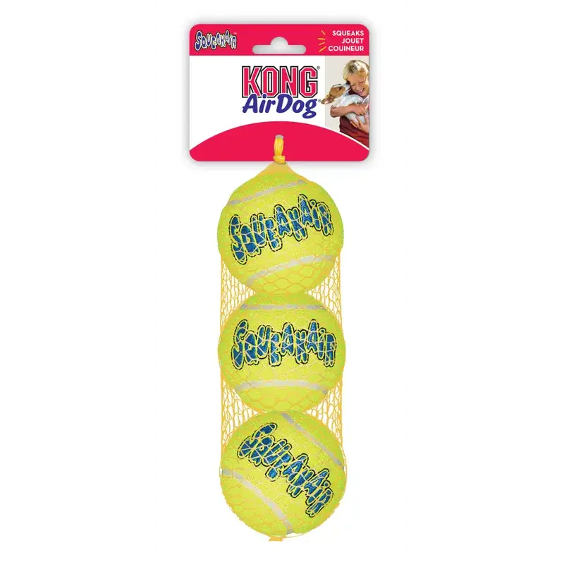 KONG SqueakAir squeaky medium tennis balls in a vertical three-ball mesh pack, designed for active chasing and fetching games.
