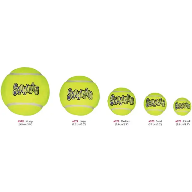 KONG SqueakAir Tennis Ball size comparison showing XS, Small, Medium, Large and X-Large dog fetch balls with diameters from 3.8 to 9.9 cm.