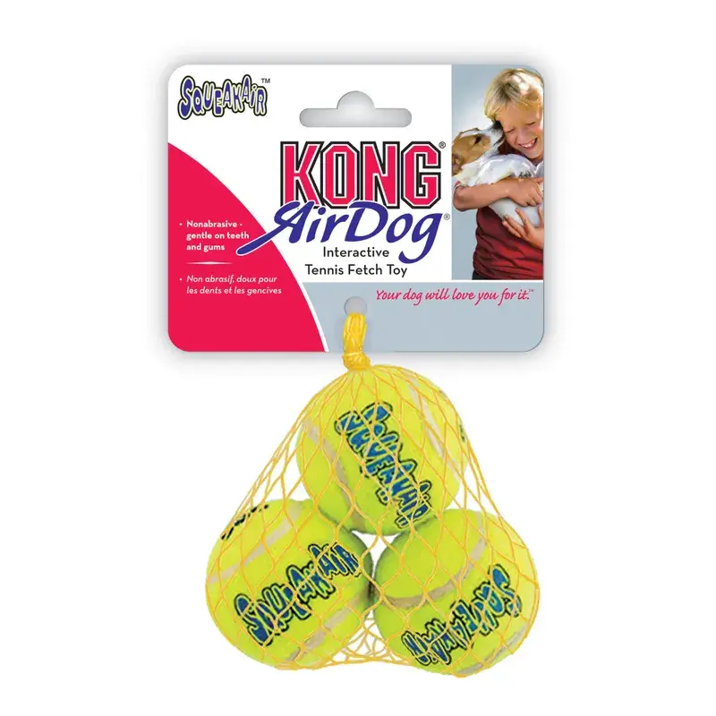 KONG SqueakAir Tennis Ball Dog Toy small 3-Pack with three yellow squeaky fetch balls in original mesh retail packaging.