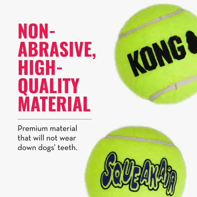 KONG SqueakAir yellow tennis balls featuring high-quality non-abrasive felt designed to be gentler on dogs' teeth during fetch play.