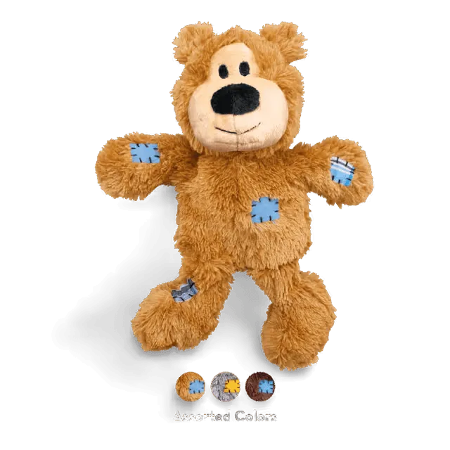 KONG Wild Knots Brown Bear Plush Dog Toy with soft furry exterior, reinforced rope skeleton and blue stitched patches.