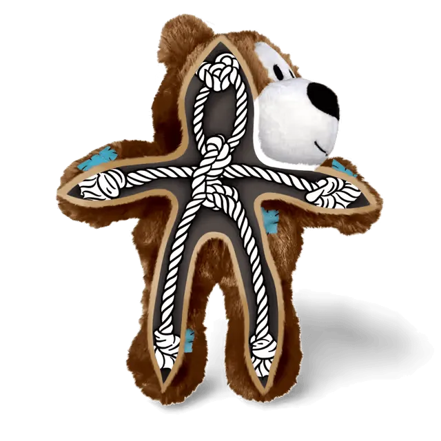KONG Wild Knots Bear Dog Toy cutaway showing the internal knotted rope skeleton designed for interactive tugging and play.