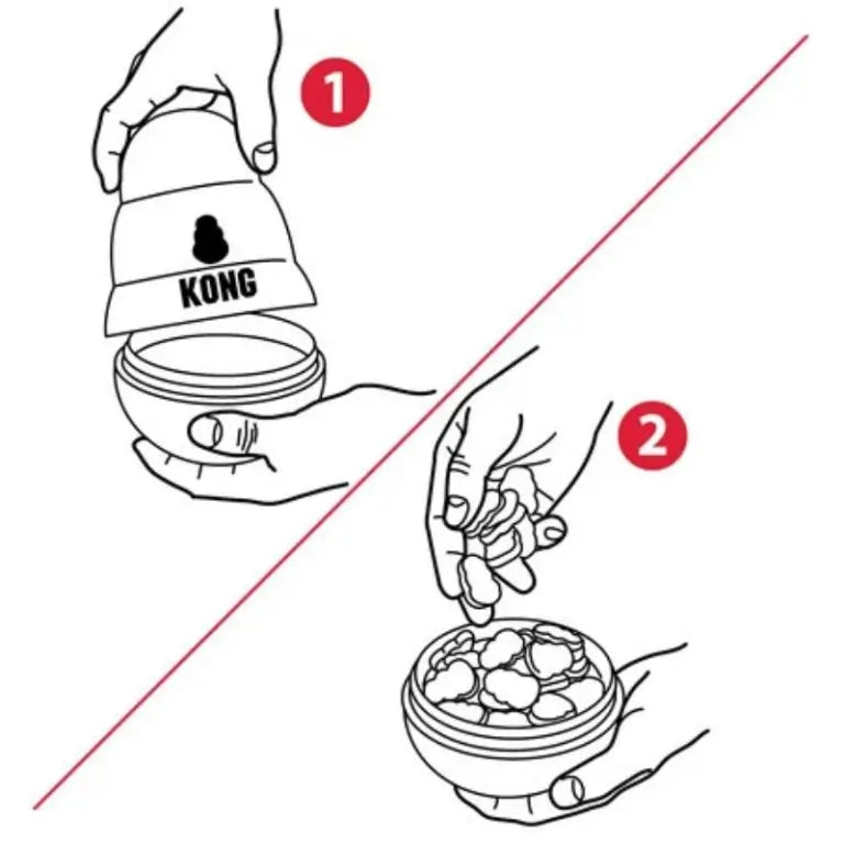 Illustrated instructions showing how to twist open the KONG Wobbler dog toy and fill it with dry food or treats.