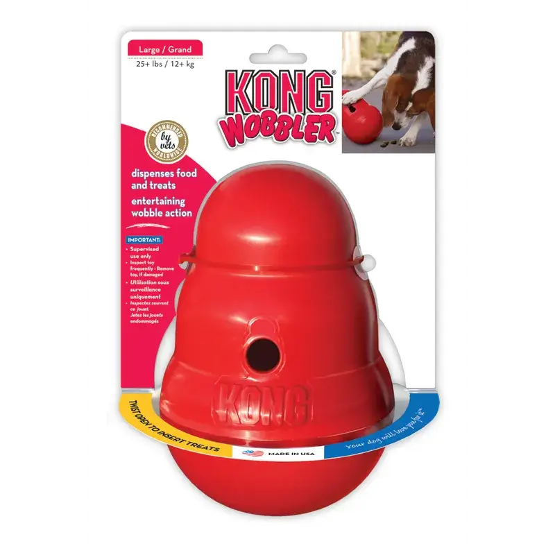 KONG Wobbler Large red interactive treat dispensing dog toy in retail packaging, designed for dogs weighing over 12 kg.