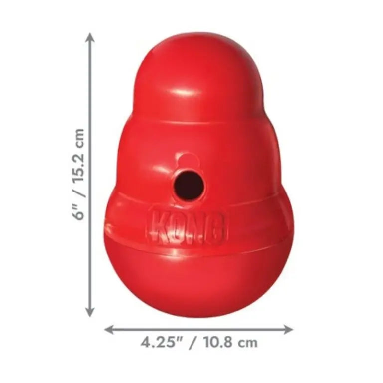 KONG Wobbler Small red dog treat dispensing toy showing dimensions of 15.2 cm high and 10.8 cm wide.