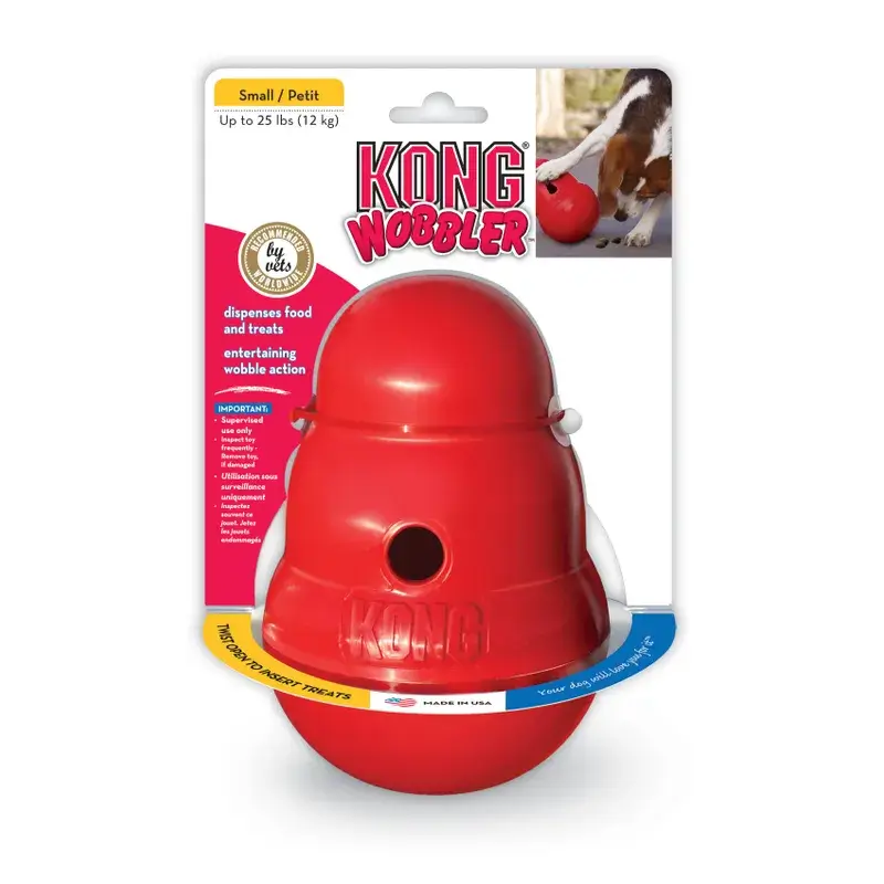 KONG Wobbler Small red treat dispensing dog toy in original retail packaging, designed for dogs weighing up to 12 kg.
