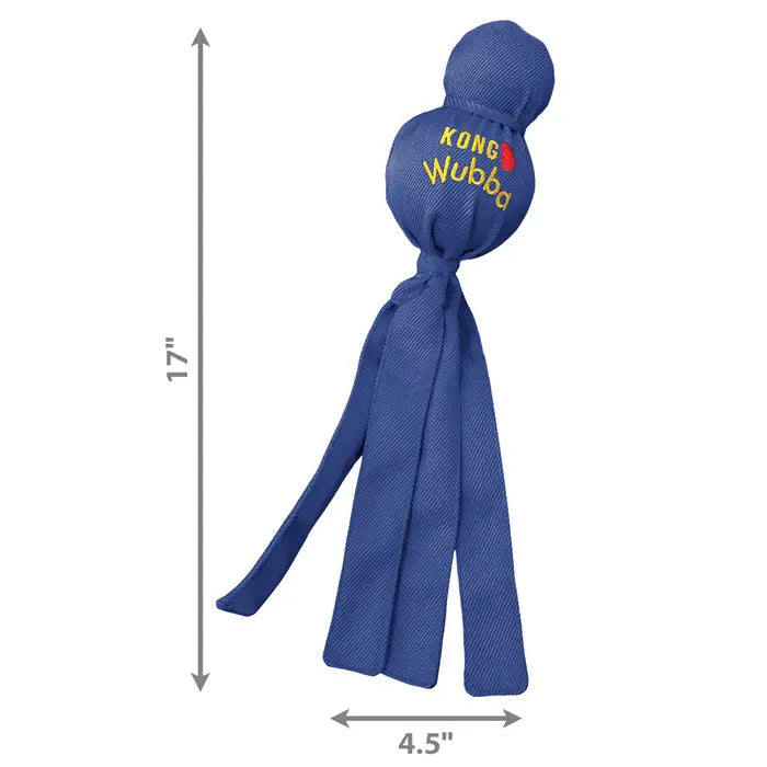 Blue KONG Wubba interactive dog toy size guide showing approximately 17 inches in length and 4.5 inches in width, including long fabric tails.