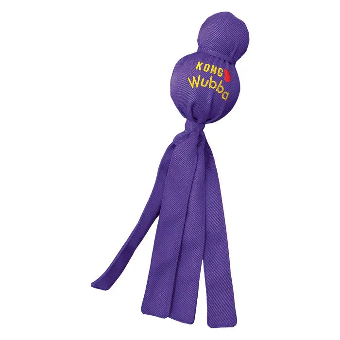 Purple KONG Wubba dog toy on a white background, featuring durable reinforced nylon fabric, two rounded sections and long floppy tails for shaking and tugging.