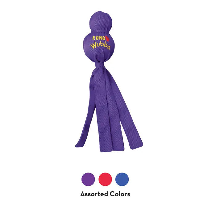 Purple KONG Wubba interactive tug and toss dog toy with reinforced fabric, long floppy tails and a built-in squeaker, available in assorted colours.