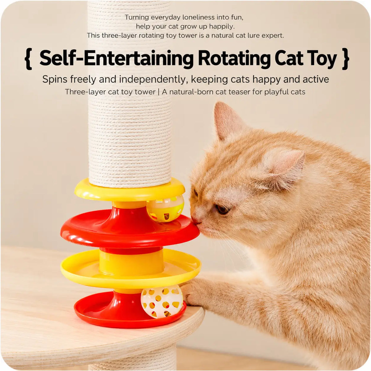 Ginger cat playing with the red and yellow multi-level track ball toy attached to the white rope wrapped post of a luxury cat tree.