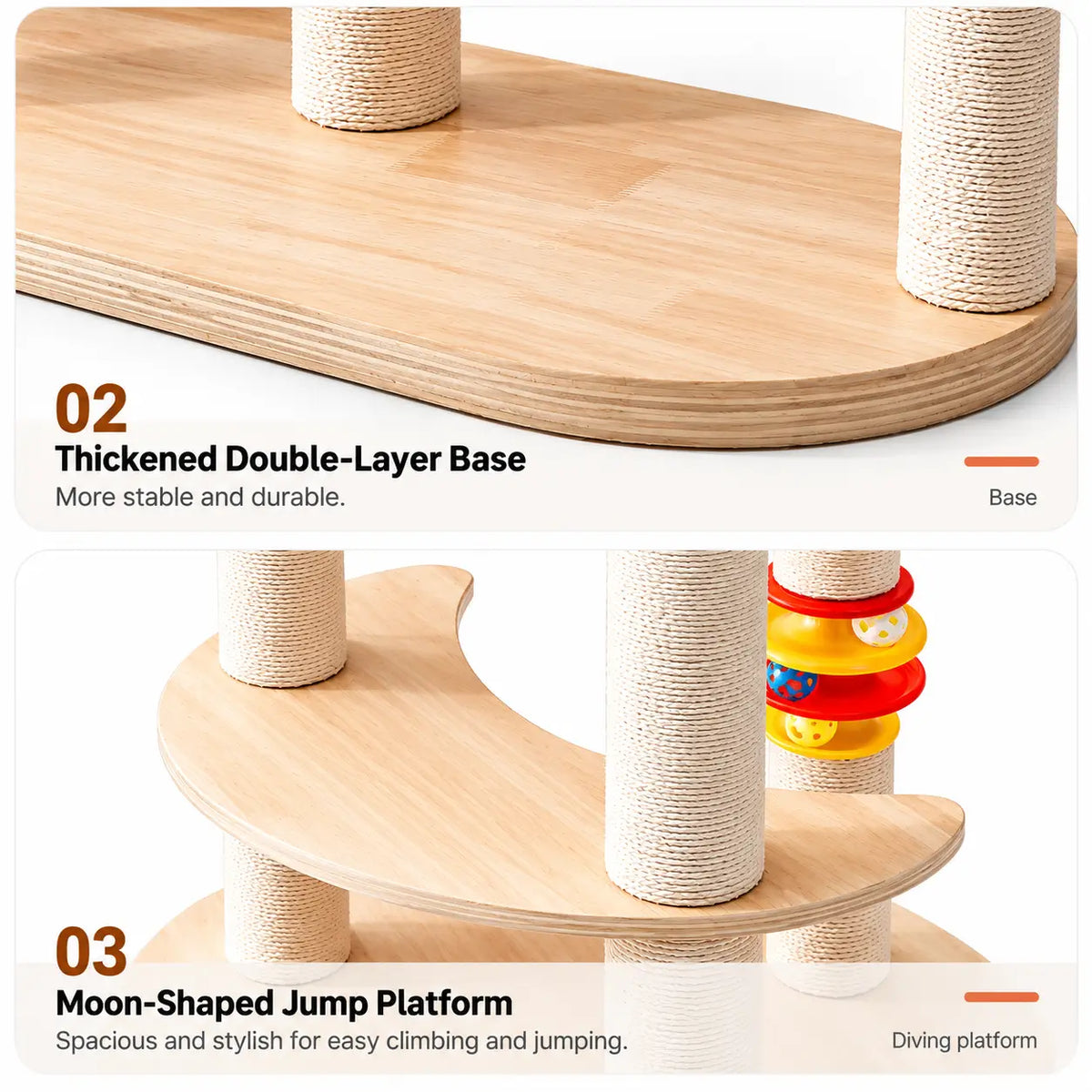 Close-up of the luxury cat tree double-layer plywood base and curved climbing platform supported by white cotton rope wrapped posts.