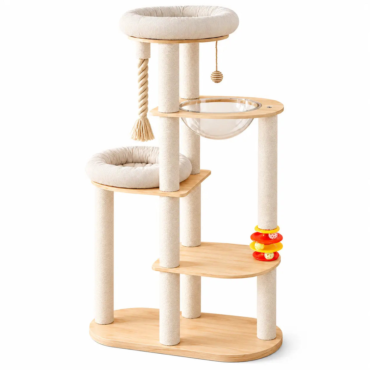 Luxury multi-level wooden cat tree featuring sisal-wrapped scratching posts, two plush cat beds, a transparent acrylic bubble hammock, interactive hanging toys and a sturdy wooden base on a white background.