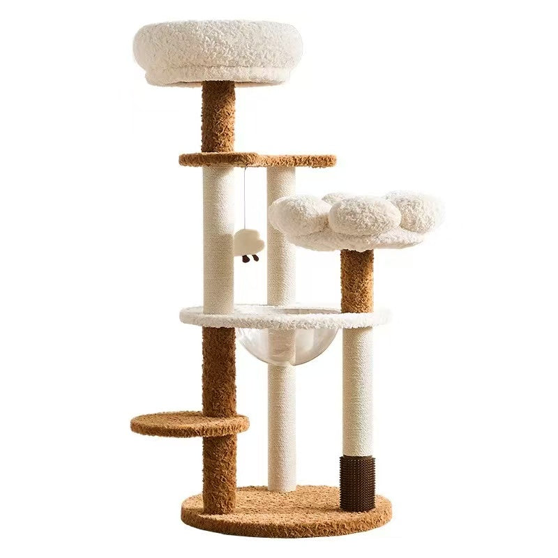 Multi-level cat tree with flower-shaped bed, hammock, platforms and scratching posts