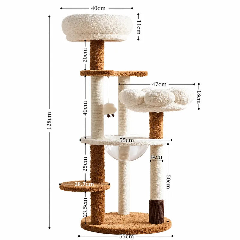 Multi-level flower cat tree features with plush beds, sisal scratching posts, acrylic bubble pod, hanging toy and stable base