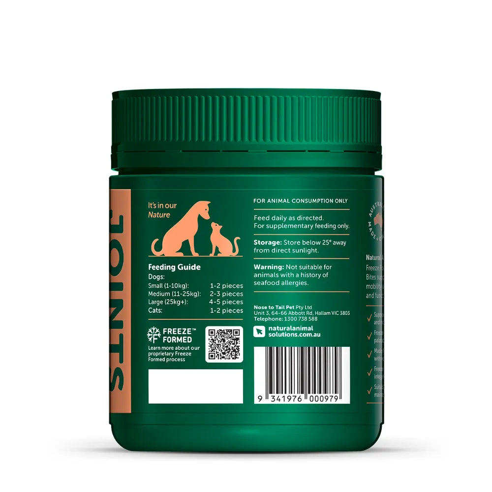 NAS Joint Health Bites feeding guide and storage instructions for dogs and cats