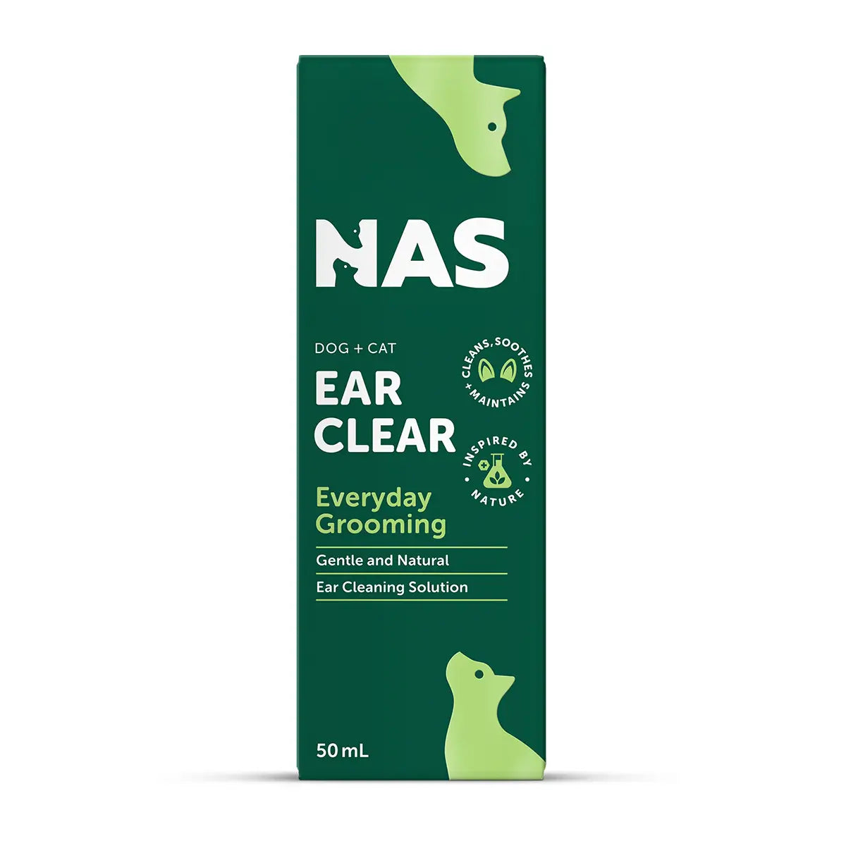 Natural Animal Solutions Ear Clear 50ml front packaging featuring a gentle and natural ear cleaning solution for dogs and cats.