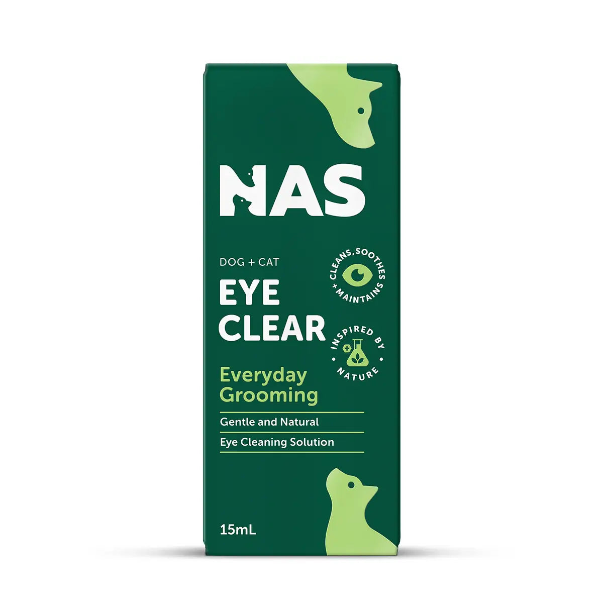Natural Animal Solutions Eye Clear 15ml front packaging showing gentle and natural everyday eye cleaning solution for dogs and cats.