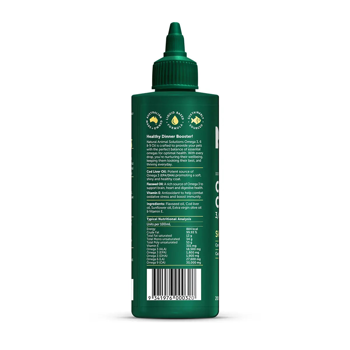 natural animal solutions omega oil 3, 6, and 9 for dogs and cats side image