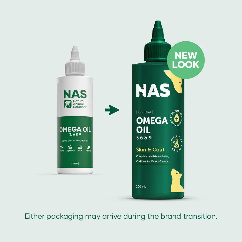natural animal solutions omega oil 3, 6, and 9 for dogs and cats new packaging