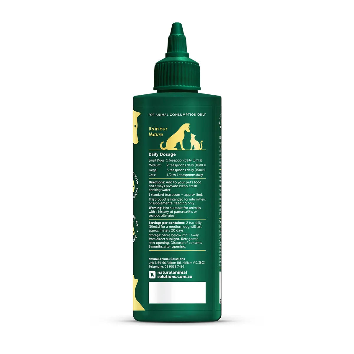 natural animal solutions omega oil 3, 6, and 9 for dogs and cats side image