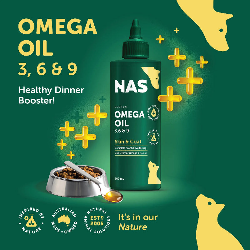 natural animal solutions omega oil 3, 6, and 9 for dogs and cats with food bowl
