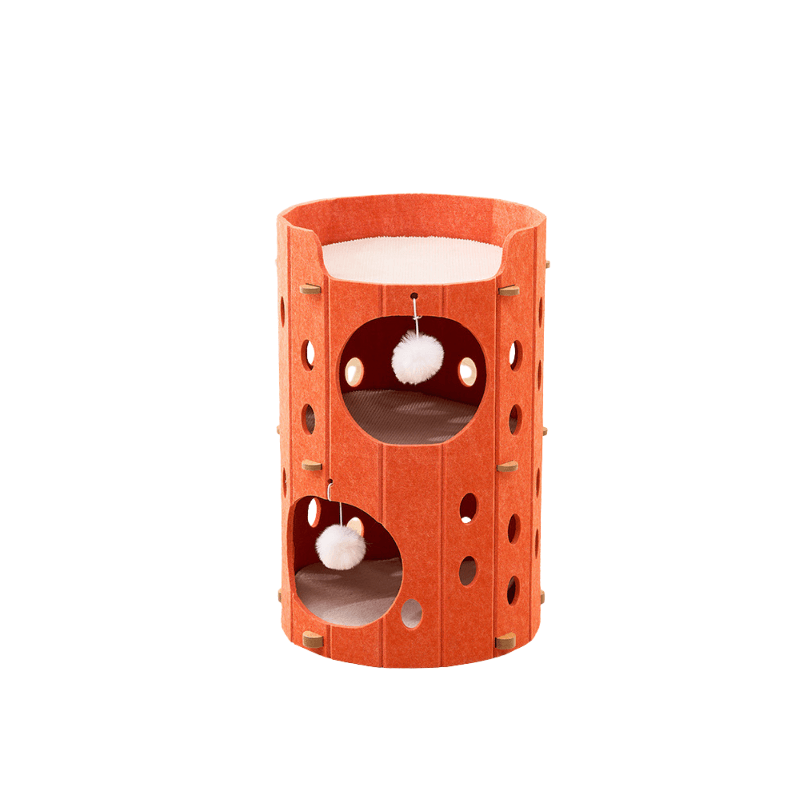 orange 3-tier cat condo tower with interactive toy and hideaway space