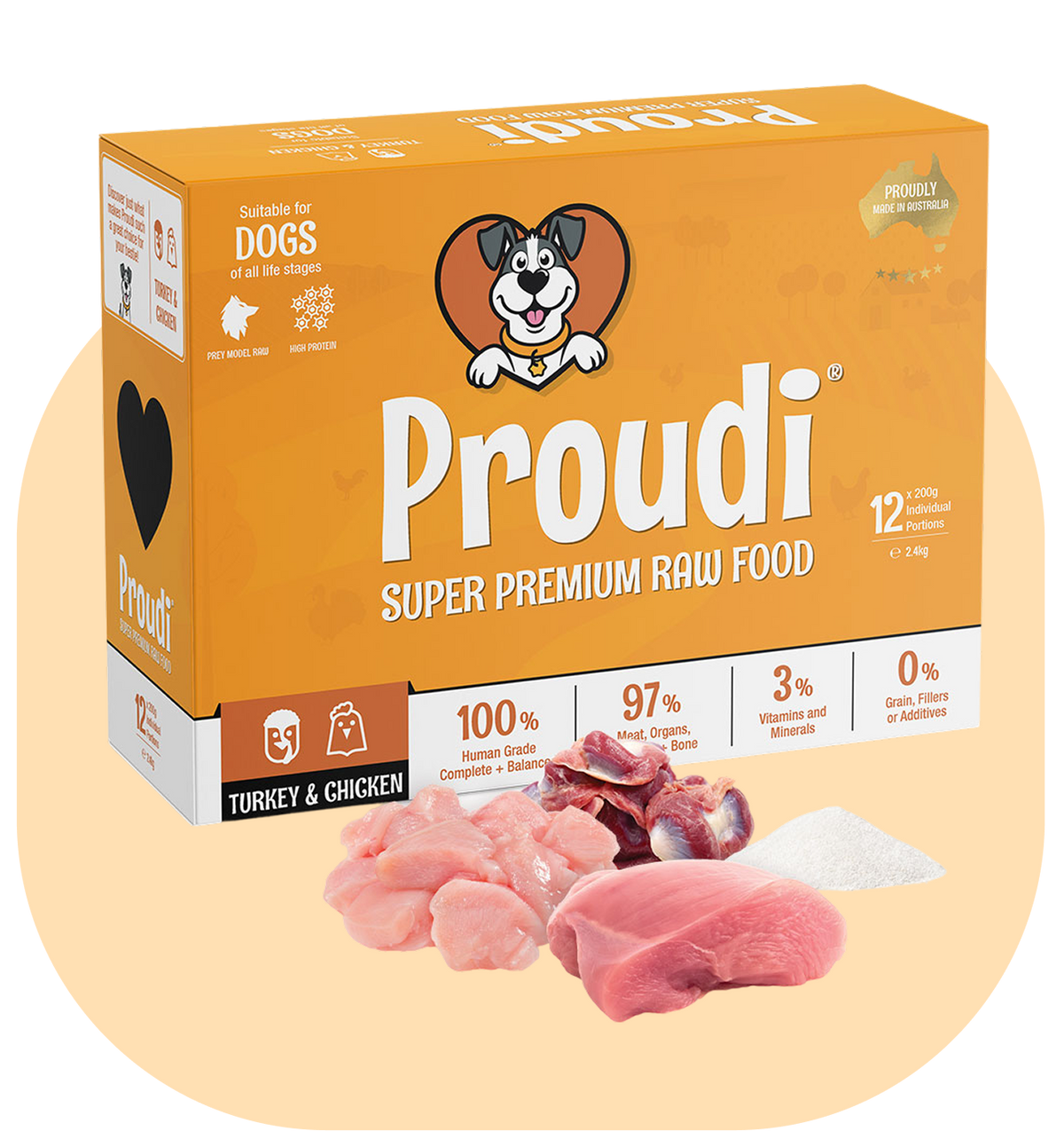Proudi Turkey & Chicken raw dog food 2.4 kg box (12 x 200 g portions), current packaging