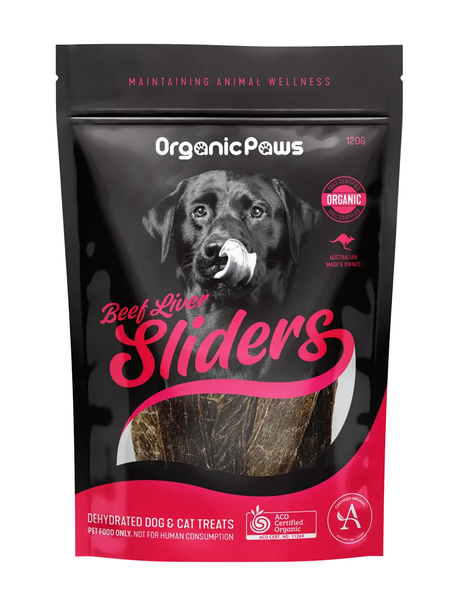 organic paws beef liver sliders dehydrated dog treats 100g