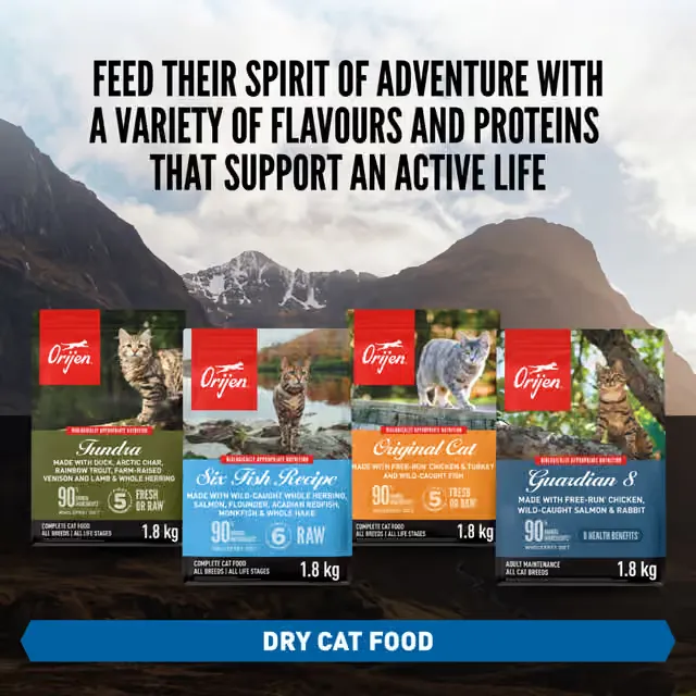 ORIJEN dry cat food range featuring Tundra, Six Fish, Original Cat and Guardian 8 recipes