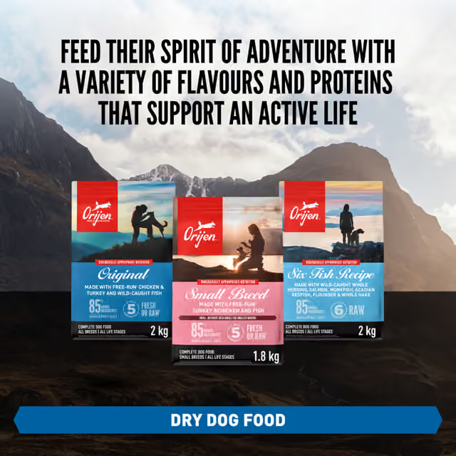 ORIJEN dry dog food range featuring Original, Small Breed and Six Fish recipes