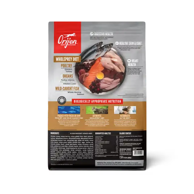 ORIJEN Original Cat dry food packaging back with WholePrey ingredients and nutrition information