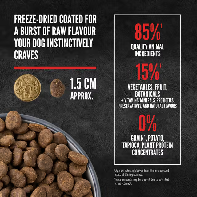 ORIJEN Original dog food with freeze-dried coating and approximately 1.5cm kibble