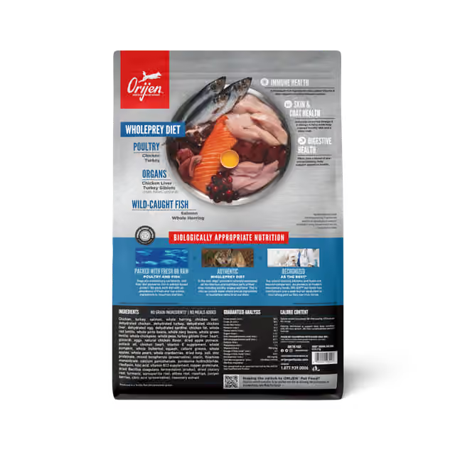 ORIJEN Original dry dog food packaging back with WholePrey ingredients and nutrition information