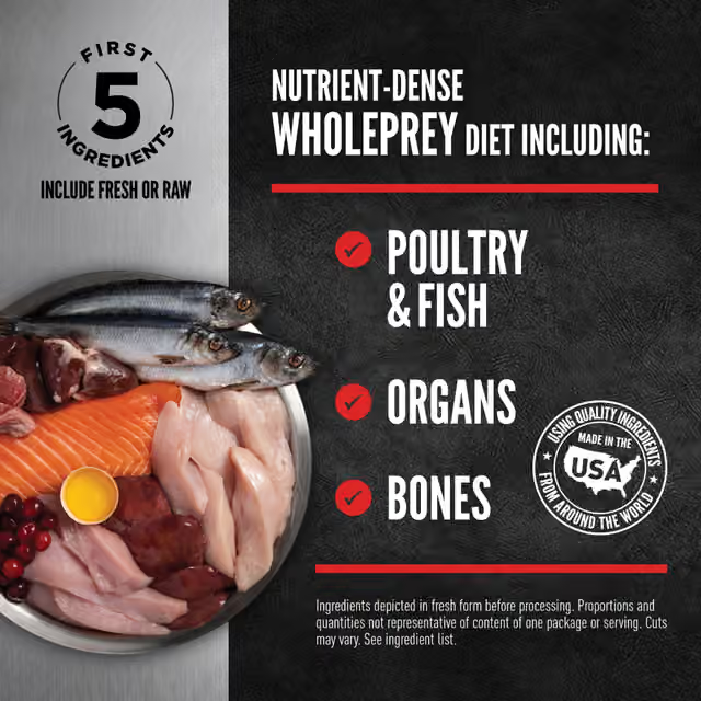 ORIJEN Original nutrient-dense WholePrey ingredients with poultry, fish, organs and bones