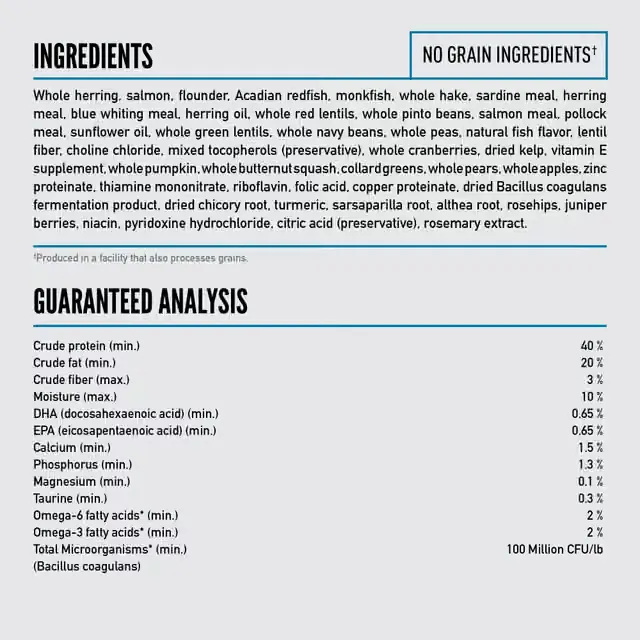 ORIJEN Six Fish cat food ingredients and guaranteed nutritional analysis