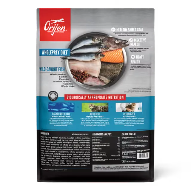 ORIJEN Six Fish dry cat food packaging back with ingredients and nutritional information