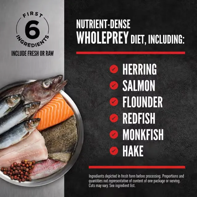 ORIJEN Six Fish WholePrey ingredients including herring, salmon, flounder, redfish, monkfish and hake