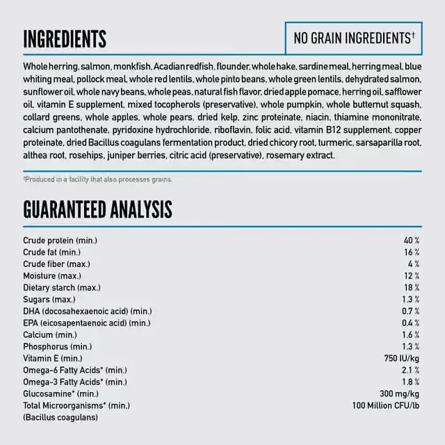 ORIJEN Six Fish dog food ingredients and guaranteed nutritional analysis