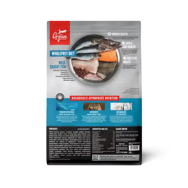 ORIJEN Six Fish dry dog food packaging back with WholePrey ingredients and nutrition information