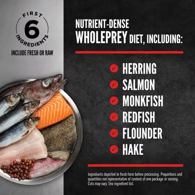 ORIJEN Six Fish WholePrey ingredients with herring, salmon, monkfish, redfish, flounder and hake