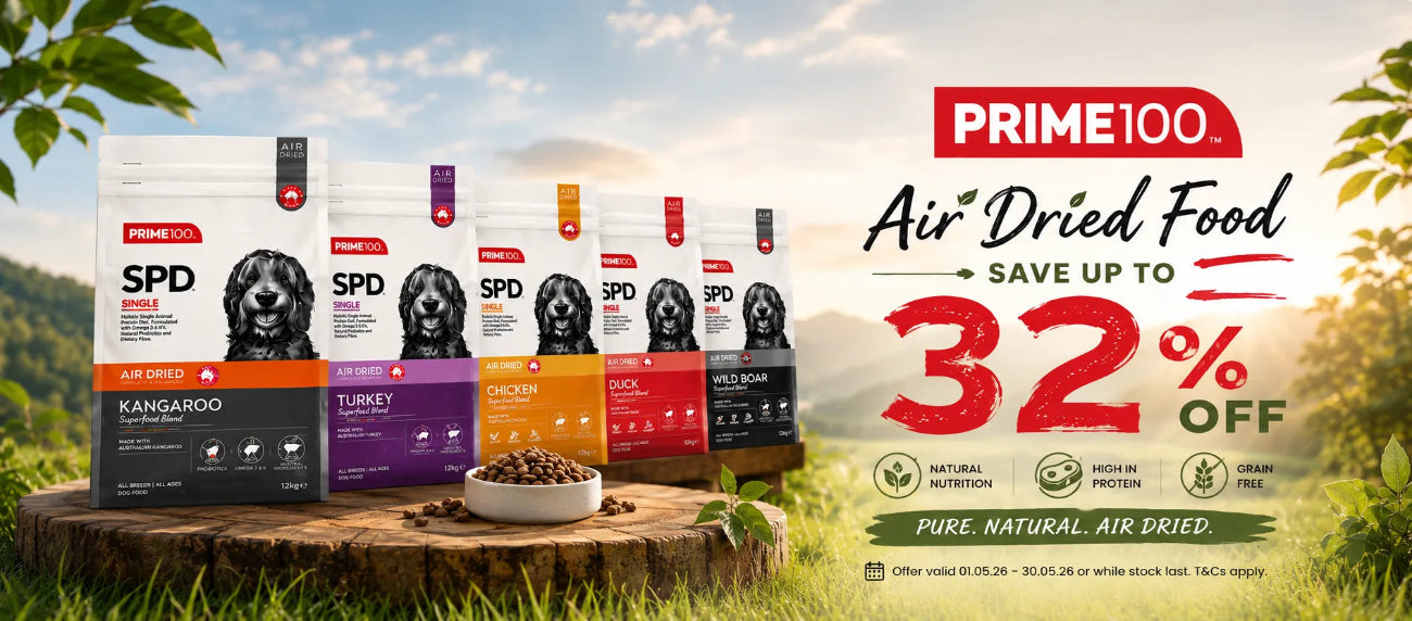 Prime100 air dried food packages on a wooden stump with a scenic background