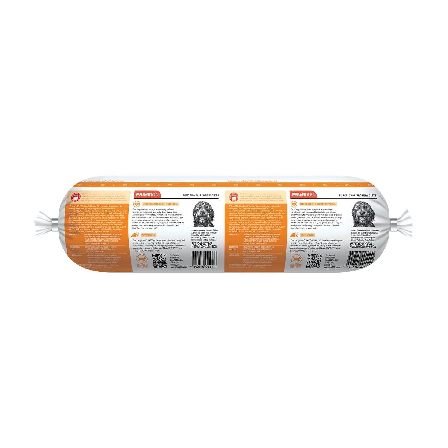 Prime100 single-protein diet chicken & brown rice fresh Dog food Roll 2KG packaging back